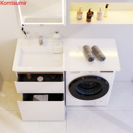 M85AWPL1201WG X-Joy, Раковина над стиральной машиной, литьевой мрамор, левая, 120 см, белый глянец