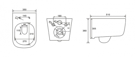 Унитаз подвесной безободковый AQUATEK ЛУГАНО AQ2002-00 510*350*360 мм, горизонтальный выпуск, тонкое сиденье с механизмом плавного закрывания, крепеж