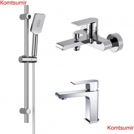 AQ1410CR ЛИРА смеситель для раковины 103, без донного клапана + AQ1440CR ЛИРА смеситель для ванны + AQ2018CR ЛИРА душевой гарнитур 3jet 65 см