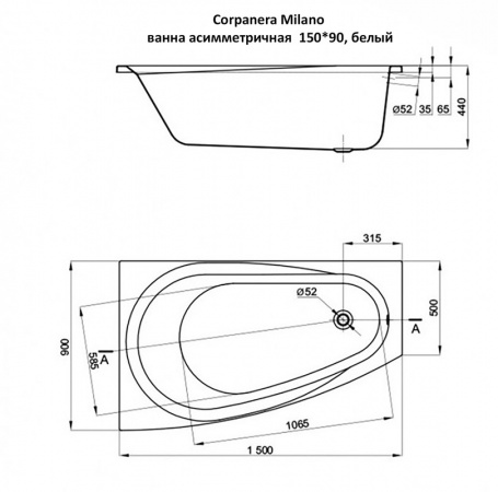 Corpanera Milano ванна асимметричная правая 150*90, белый