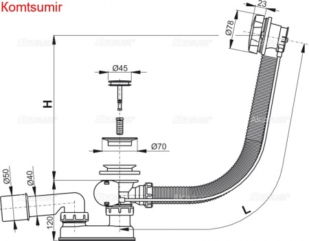 Обвязка для ванны (слив-перелив) Alca Plast A55K автомат (клик-клак) 570мм