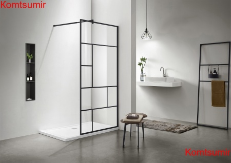 Aquatek Душевая перегородка Walk in с держателем 200х100, черный матовый, стекло прозрачное с черным принтом