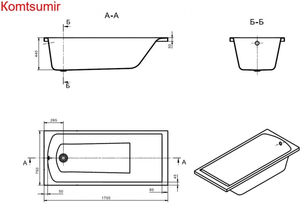 Ванна акриловая Santek Фиджи 170х75, прямоугольная белая