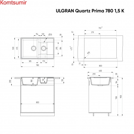 Мойка ULGRAN Quartz Prima 780 1,5 K Мойка ULGRAN Quartz Prima 780 1,5 K