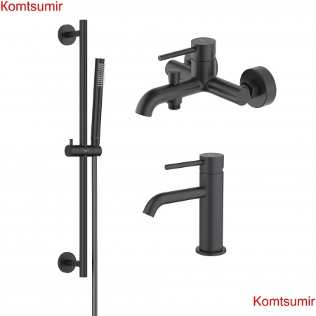 AQ1310MB ЕВРОПА смеситель для раковины 89, без донного клапана, матовый черный + AQ1340MB ЕВРОПА смеситель для ванны, матовый черный + AQ2012MB ЕВРОПА душевой гарнитур 1jet 65 см, матовый черный