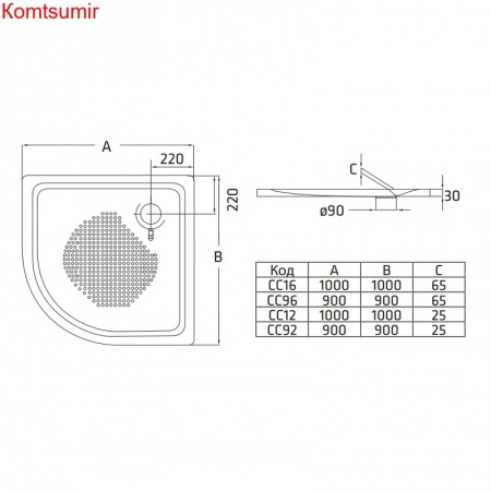 Душевой поддон BLB 90х90х6,5, стальной полукруглый
