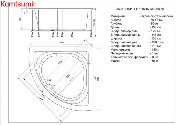 Акриловая ванна Акватек Юпитер 150х150 см