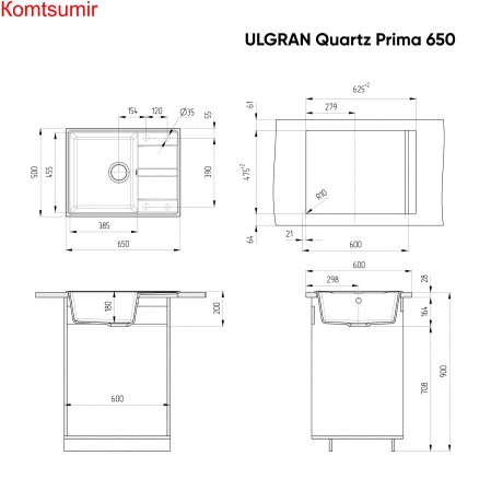 Мойка ULGRAN Quartz Prima 650