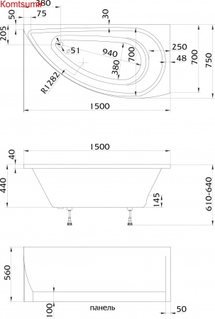 Акриловая ванна 1Marka Piccolo 150х75