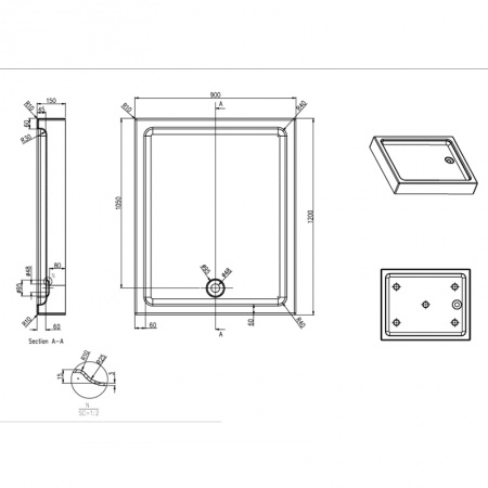 Поддон Azario 900*1200*150 R/L, для ONTARIO 1231 900