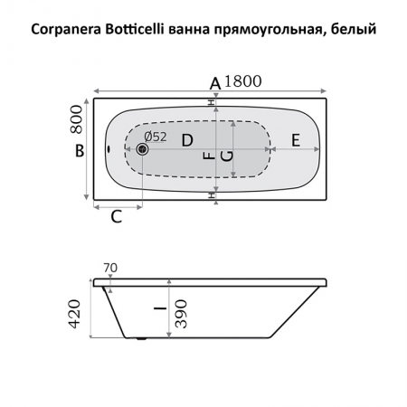 Corpanera Botticelli ванна прямоугольная 180*80, белый