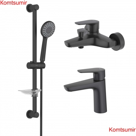 AQ1110MB БЕТТА смеситель для раковины 98, без донного клапана, матовый черный + AQ1140MB БЕТТА смеситель для ванны, матовый черный + AQ2013MB БЕТТА душевой гарнитур 3jet 65 см, матовый черный