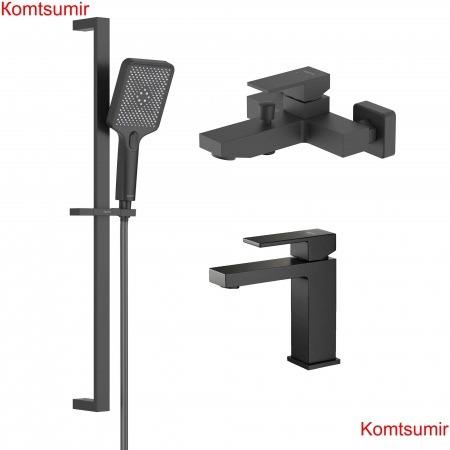 AQ1610MB ЛИБРА смеситель для раковины 114, без донного клапана, матовый черный + AQ1640MB ЛИБРА смеситель для ванны, матовый черный + AQ2019MB ЛИБРА душевой гарнитур 3jet 68 см, матовый черный