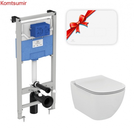 Промо-комплект Ideal Standard Tesi: Подвесной унитаз, Сиденье, Инсталляция, в подарок панель смыва (Цвет белый шелк) (TT00002/459AW)