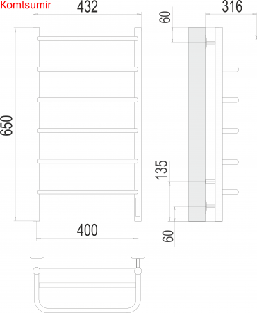 Полка П6 400х650 Электро (quick touch) Полотенцесушитель  TERMINUS