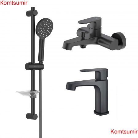 AQ1210MB ОБЕРОН смеситель для раковины 98, без донного клапана, матовый черный + AQ1240MB ОБЕРОН смеситель для ванны, матовый черный + AQ2014MB ОБЕРОН душевой гарнитур 3jet 60 см, матовый черный