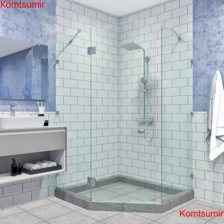 Душевое ограждение 100х100 "GLASS" Пентагональное, распашная дверь, фурнитура хром, стекло прозрачное 6 мм.