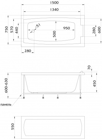 Акриловая ванна 1Marka Aelita 150x75