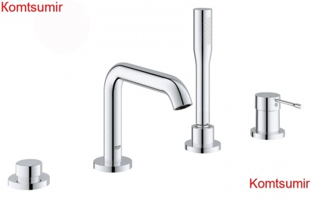Смеситель для ванны GROHE Essence+ на 4 отверстия с душевым гарнитуром и изливом (на бортик ванны), хром (19578001)