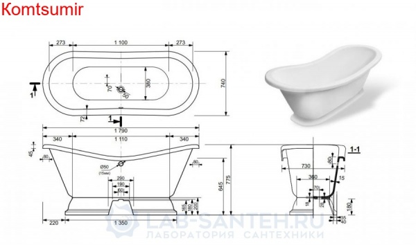 Ванна из искусственного камня Эстет Бостон 180х74