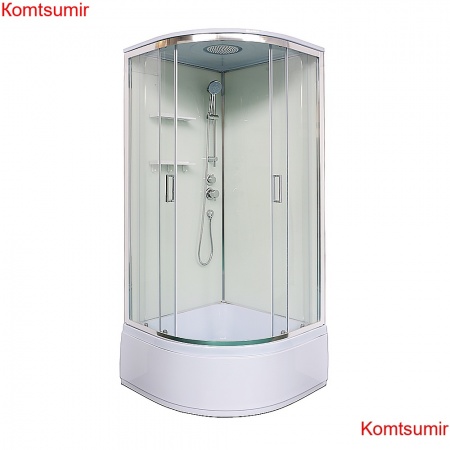 Душевая кабина Loranto NEO 90x90x(170+38) с высоким поддоном 38см, прозрачное закаленное стекло 4 мм, задние стеклянные стенки белые, с двумя полками, профиль серебро (CS-22011)