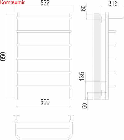 Полка П6 500х650 Электро (quick touch) Полотенцесушитель  TERMINUS