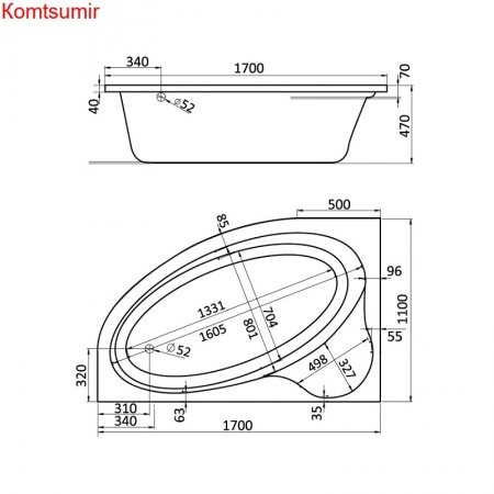 Ванна акриловая асимметричная Santek Эдера 170х100, левосторонняя, белая