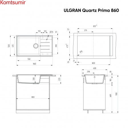 Мойка ULGRAN Quartz Prima 860