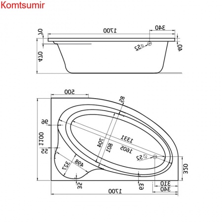 Ванна акриловая асимметричная Santek Эдера 170х100, правосторонняя, белая
